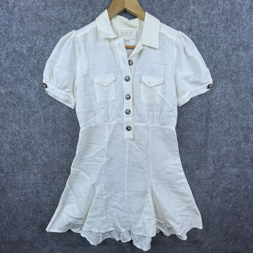 Stone‎ Cold Fox Dress Womens 0 White Linen Blend Mini Collared Girly Romantic
